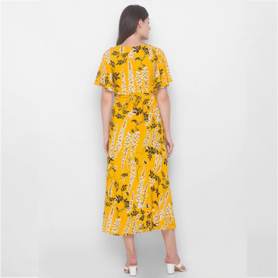 Yellow & Brown Floral Maternity Midi Dress