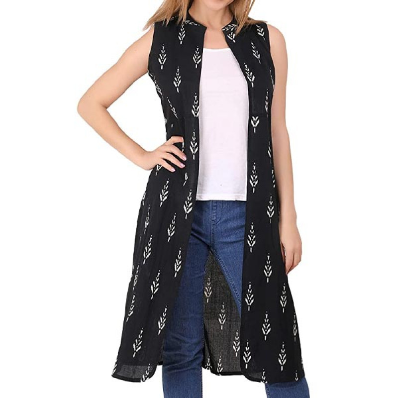 UNFAKENOW Floral Printed Sleeveless Black Kimono Style Cotton Women Long Shrug